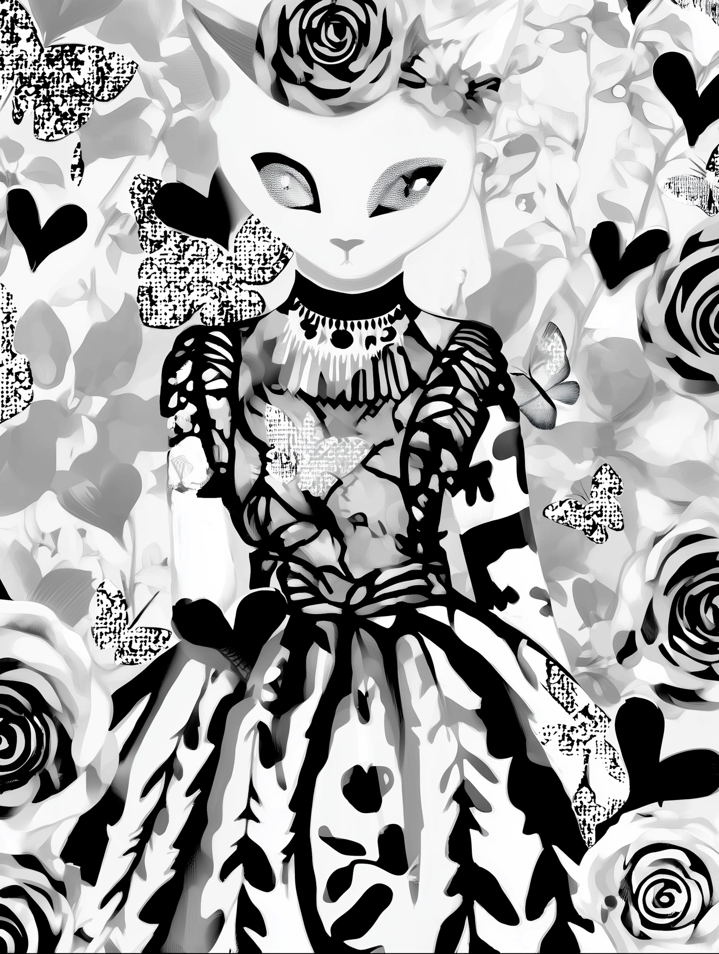 Free printable kitten coloring page featuring cat wearing a beautiful dress